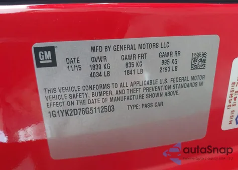 2016 Chevrolet Corvette Stingray Z51 from USA, damaged, VIN 1G1YK2D76G5112503